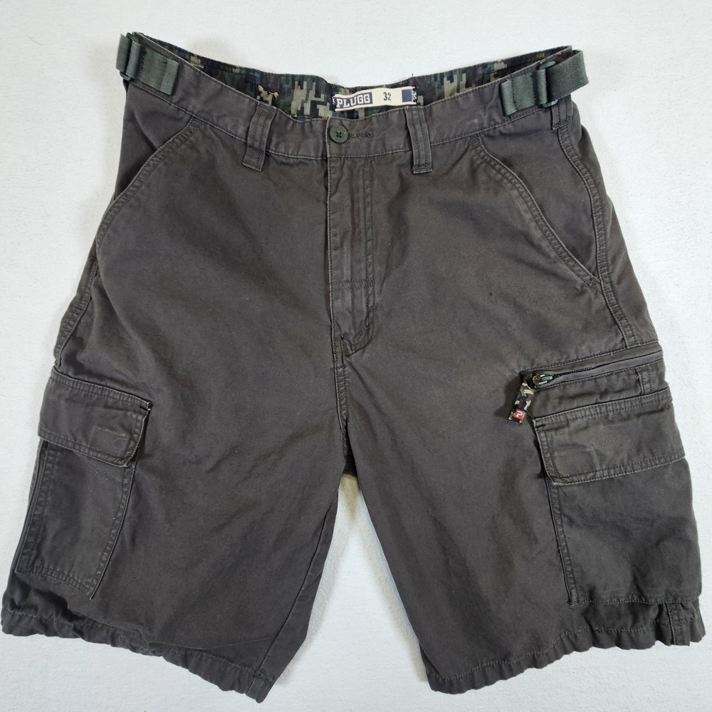 Plugg Cargo Shorts Mens 32 Flat Front Seven Pockets Camo Inside Dark Gray